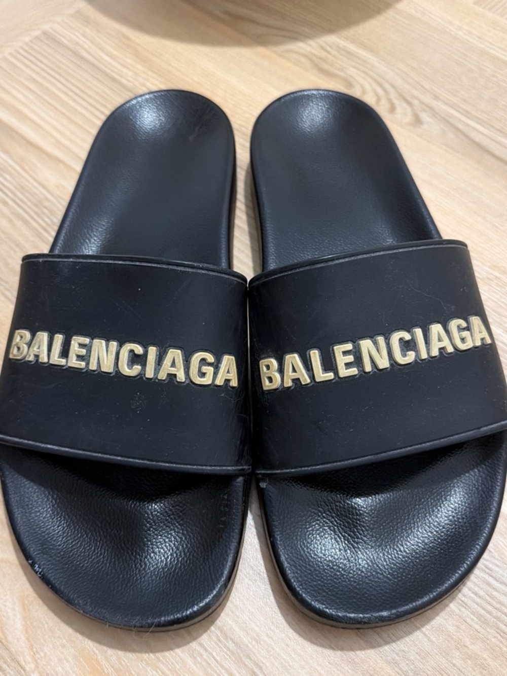 Balenciaga Black Slides with Gold Logo